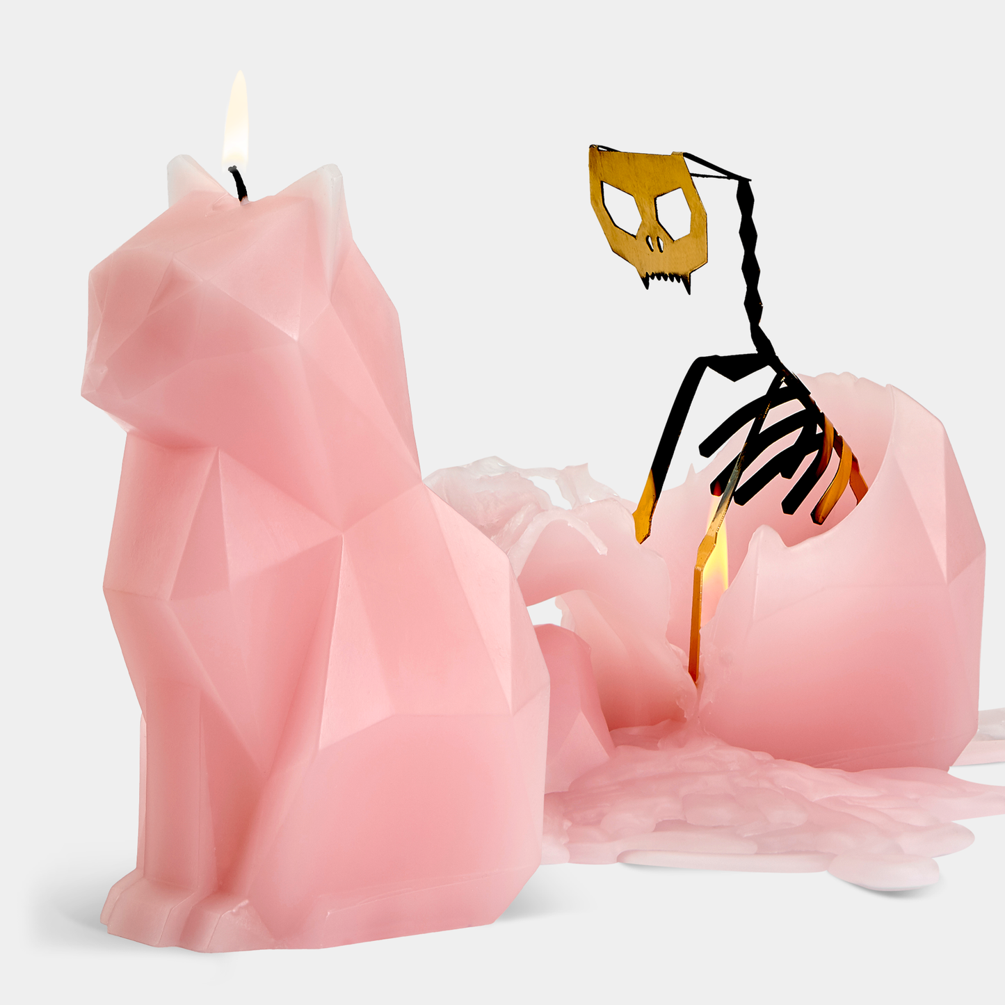 PyroPet Kisa Cat Skeleton Candle - 7" Tall, Light Pink