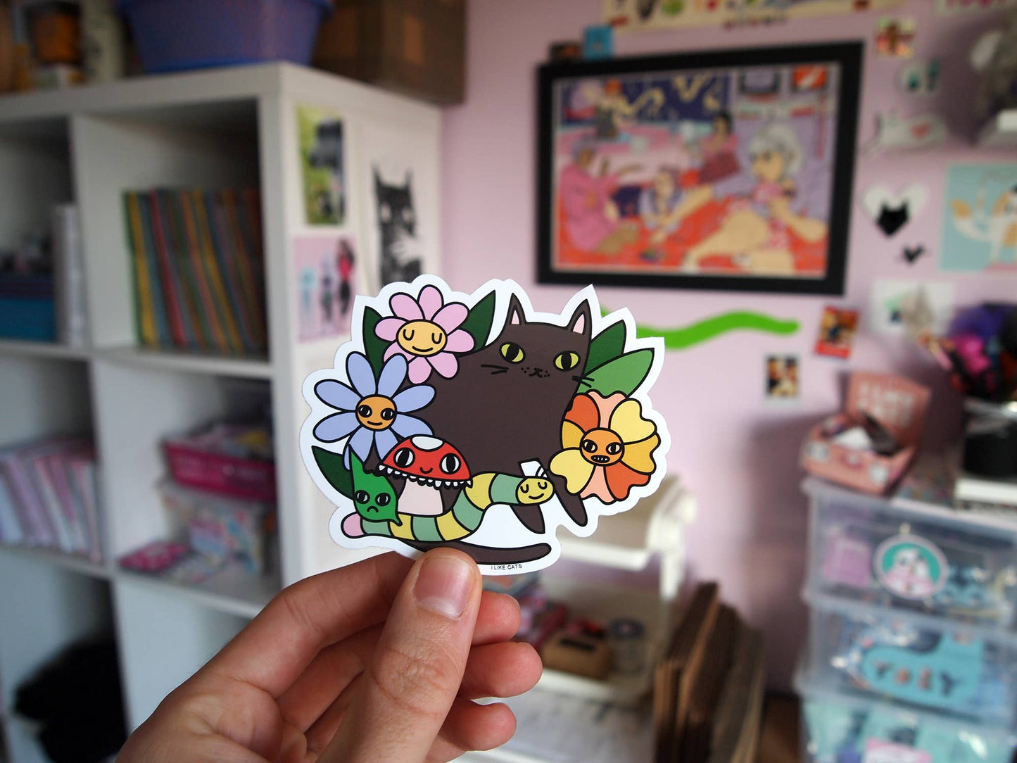Black cat with flowers, bugs and mushroom vinyl sticker