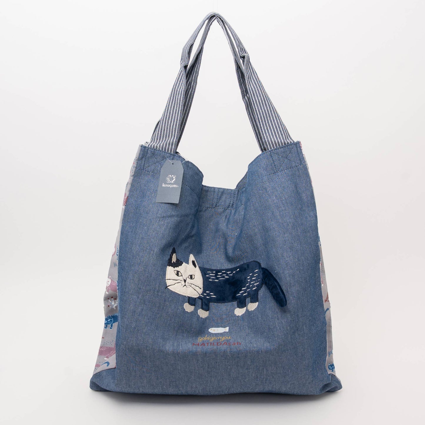 Kusuguru Japan Cats Embroidered Large Tote Bag - Blue