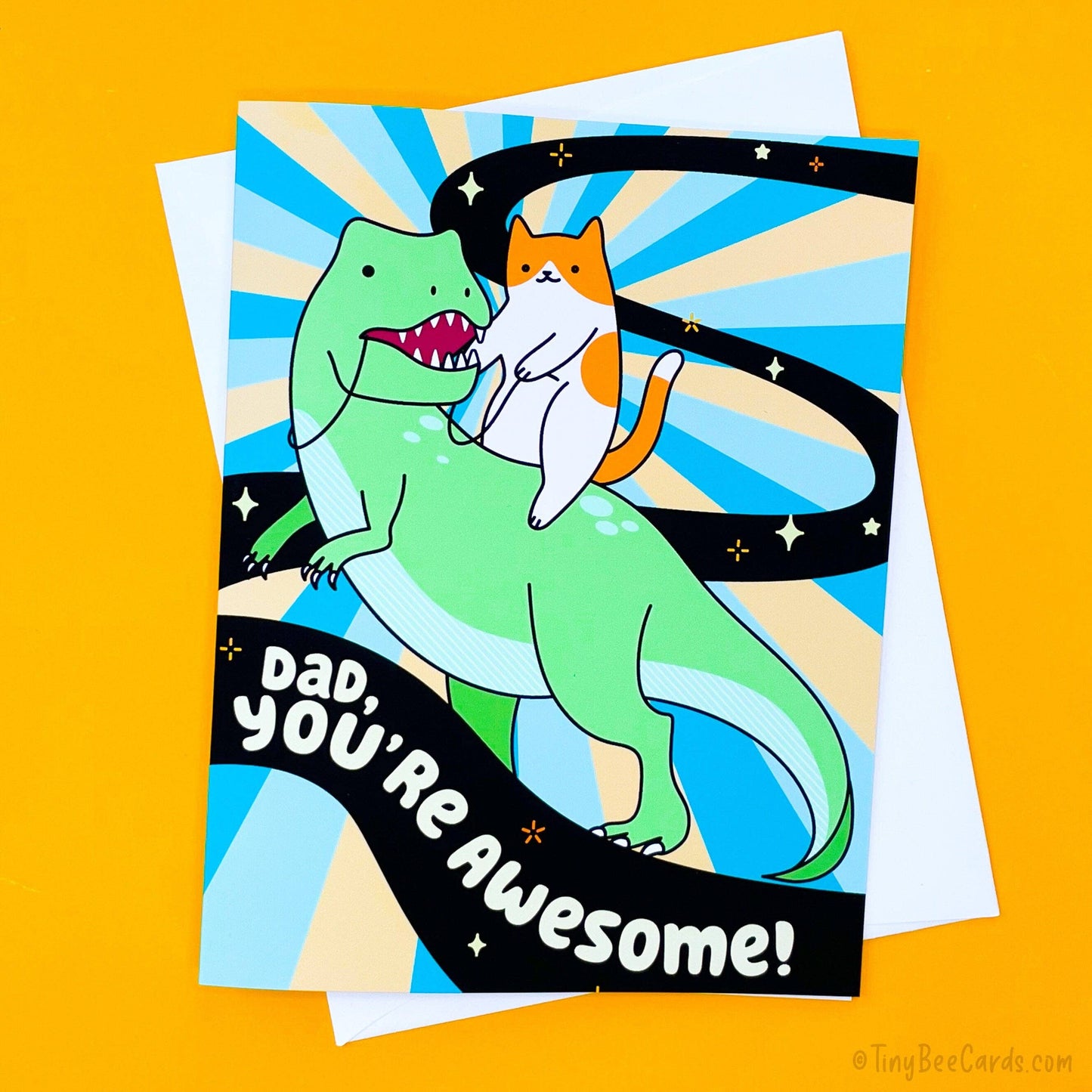 Cat Riding T-Rex Dinosaur Father's Day or Birthday Card