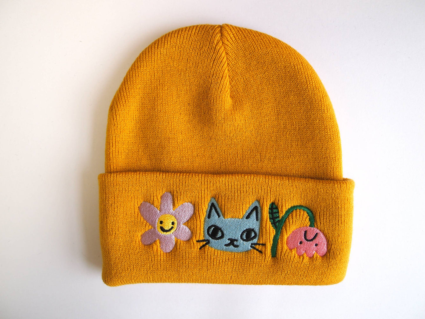 Cat and Flowers Embroidered mustard Knitted Beanie Hat
