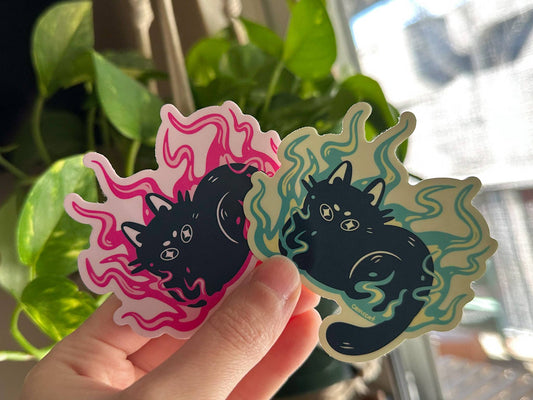 Camccat - Pink & Green Flame Kitty, Evil Cat Matte Vinyl Sticker"