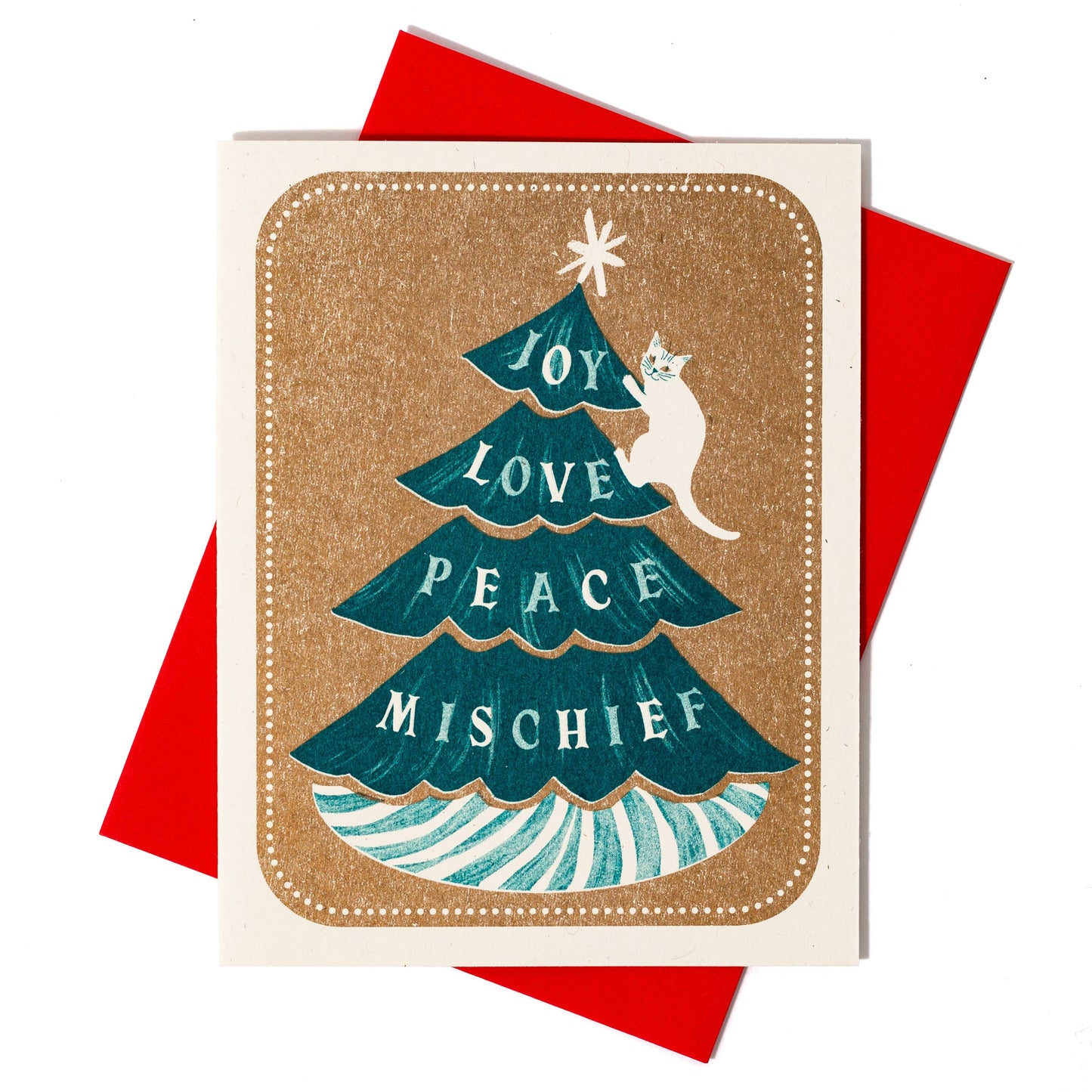 Joy Love Peace Mischief Cat Risograph Christmas Card