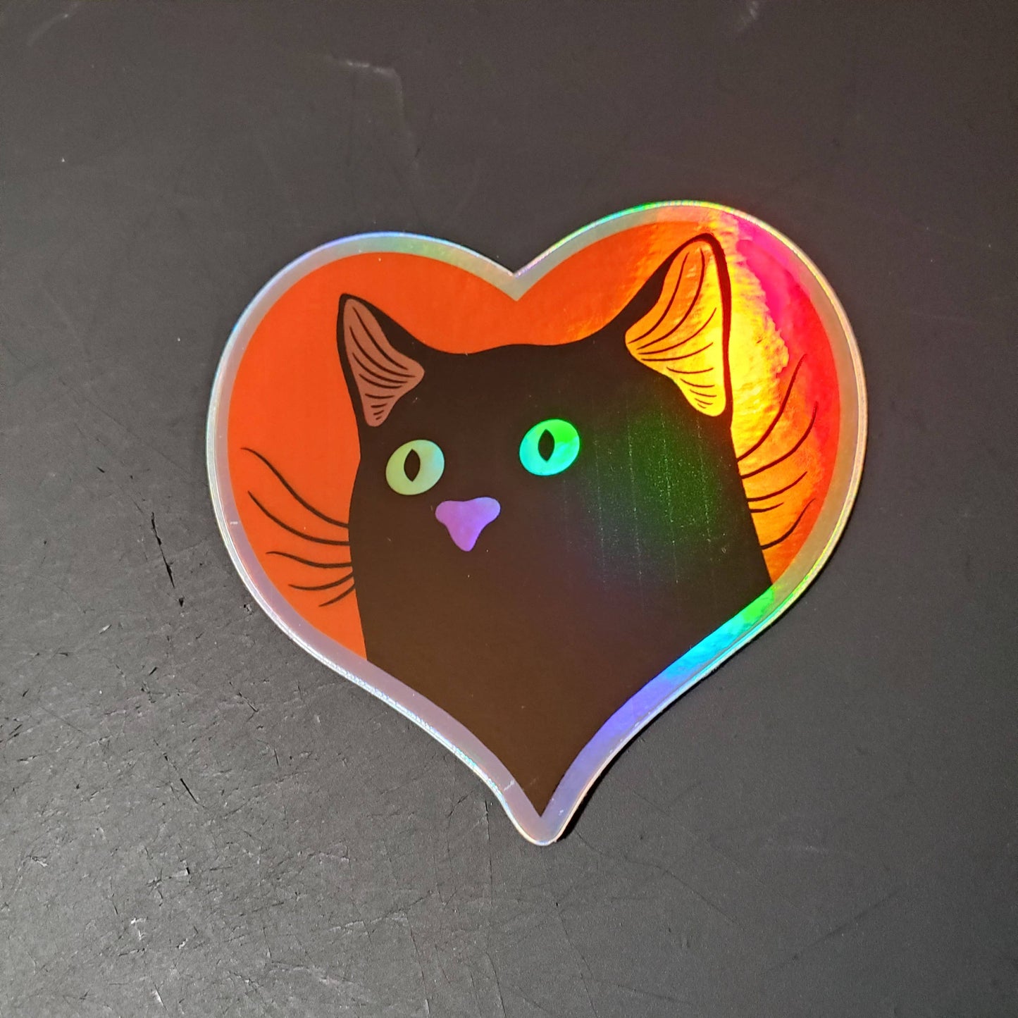 Black Heart Cat, Holographic 3" Vinyl Sticker