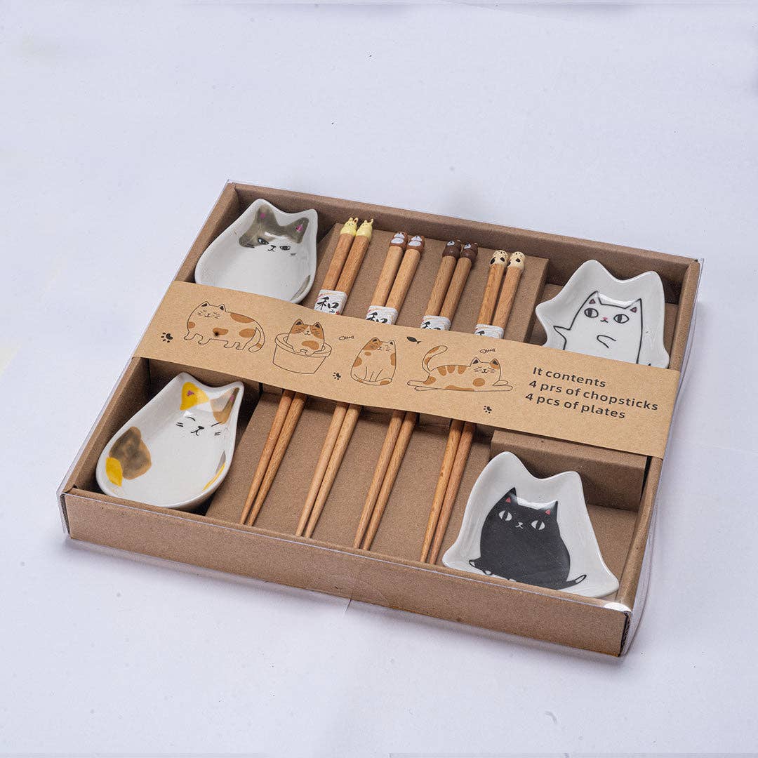4 Pair Cute Cats Wooden Chopsticks and Sauce Dish Gift Set