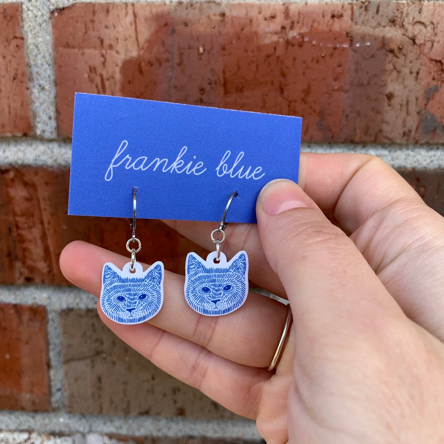 Cat Sketch Silver Huggie Hoop Earrings - Frankie Blue