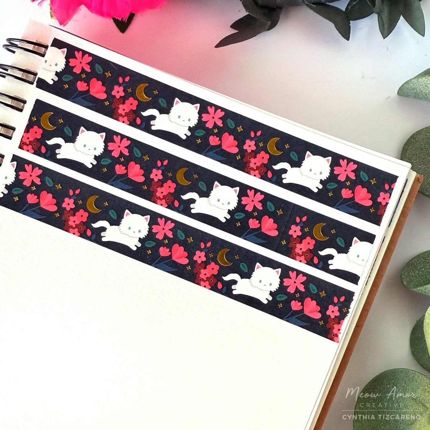 Floral Fluffy White Cat Gold Foil Washi Tape
