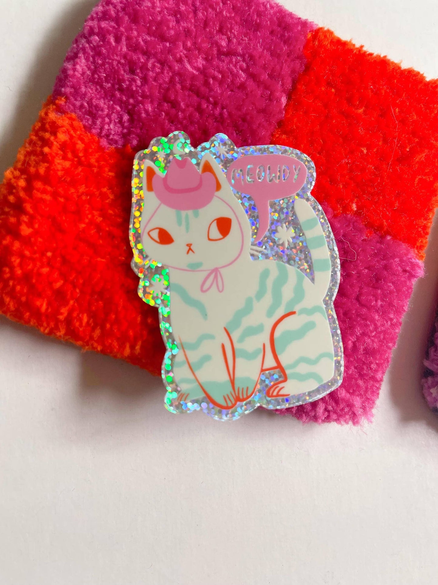 Meowdy the country cat glitter sticker