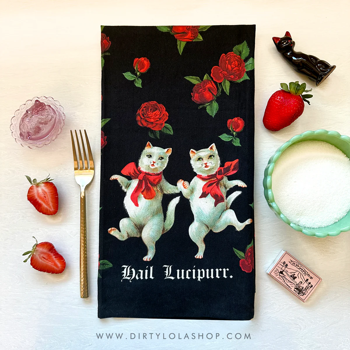 "HAIL LUCIPURR." CAT TEA TOWEL