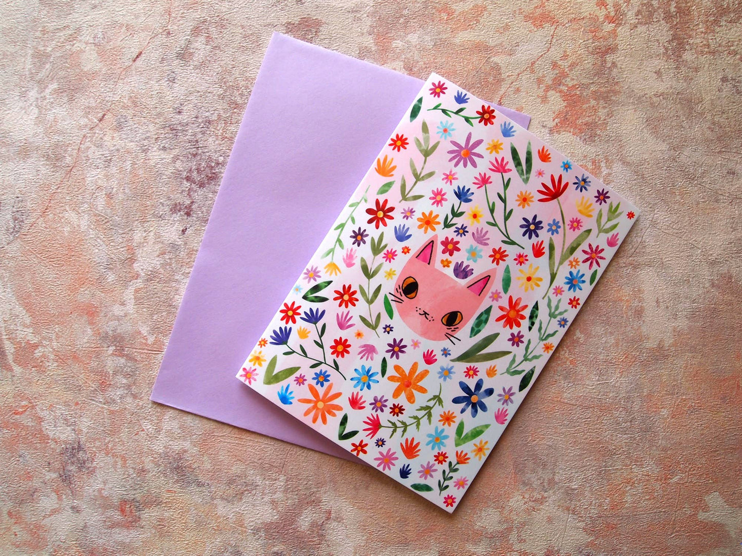 I LIKE CATS - Cat Face and Flowers Birthday Greetings Card