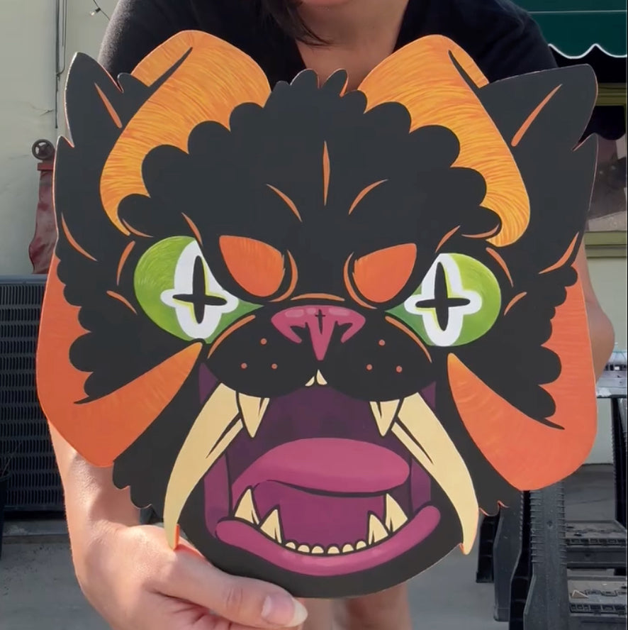 "Hellcat" woodcut painting