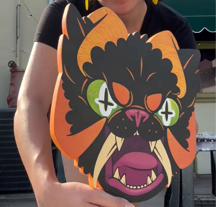 "Hellcat" woodcut painting
