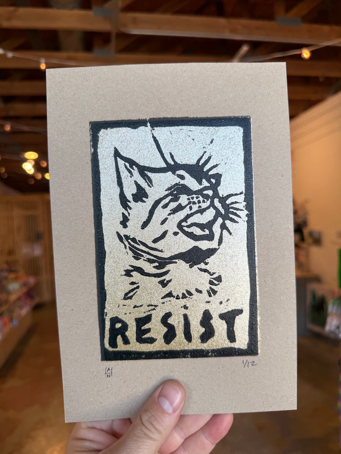Resist 2-color linocut print