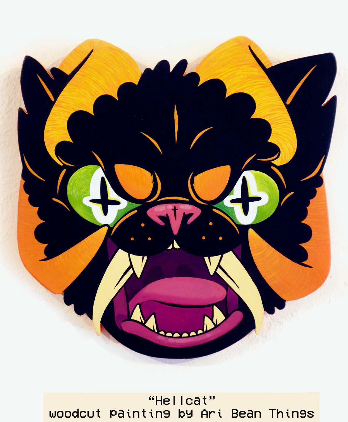 "Hellcat" woodcut painting