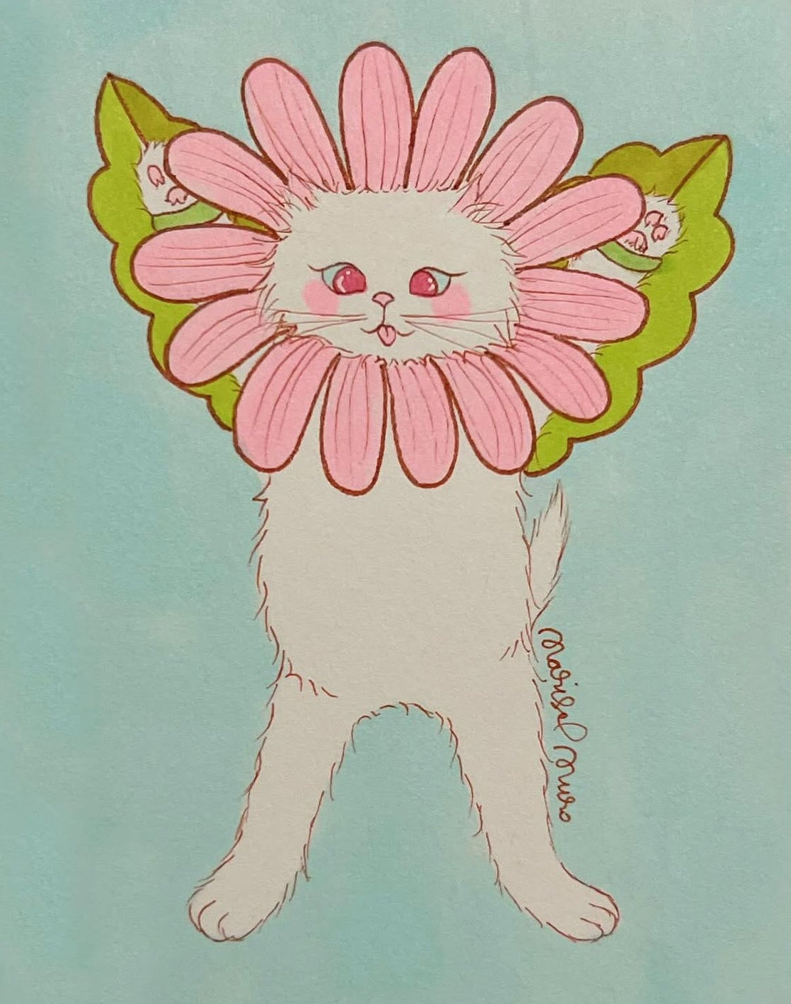 Illustration of a cat with a flower-shaped head on a light blue background