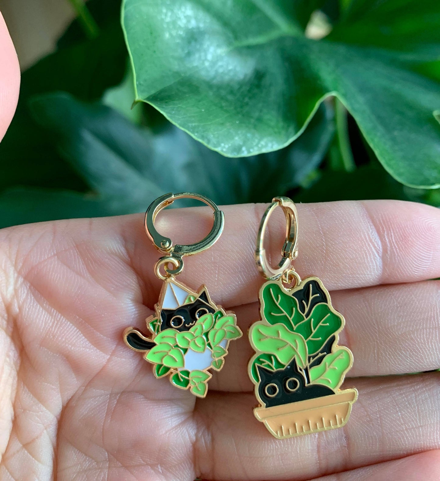 Cat & Plant Charm Huggie Earrings