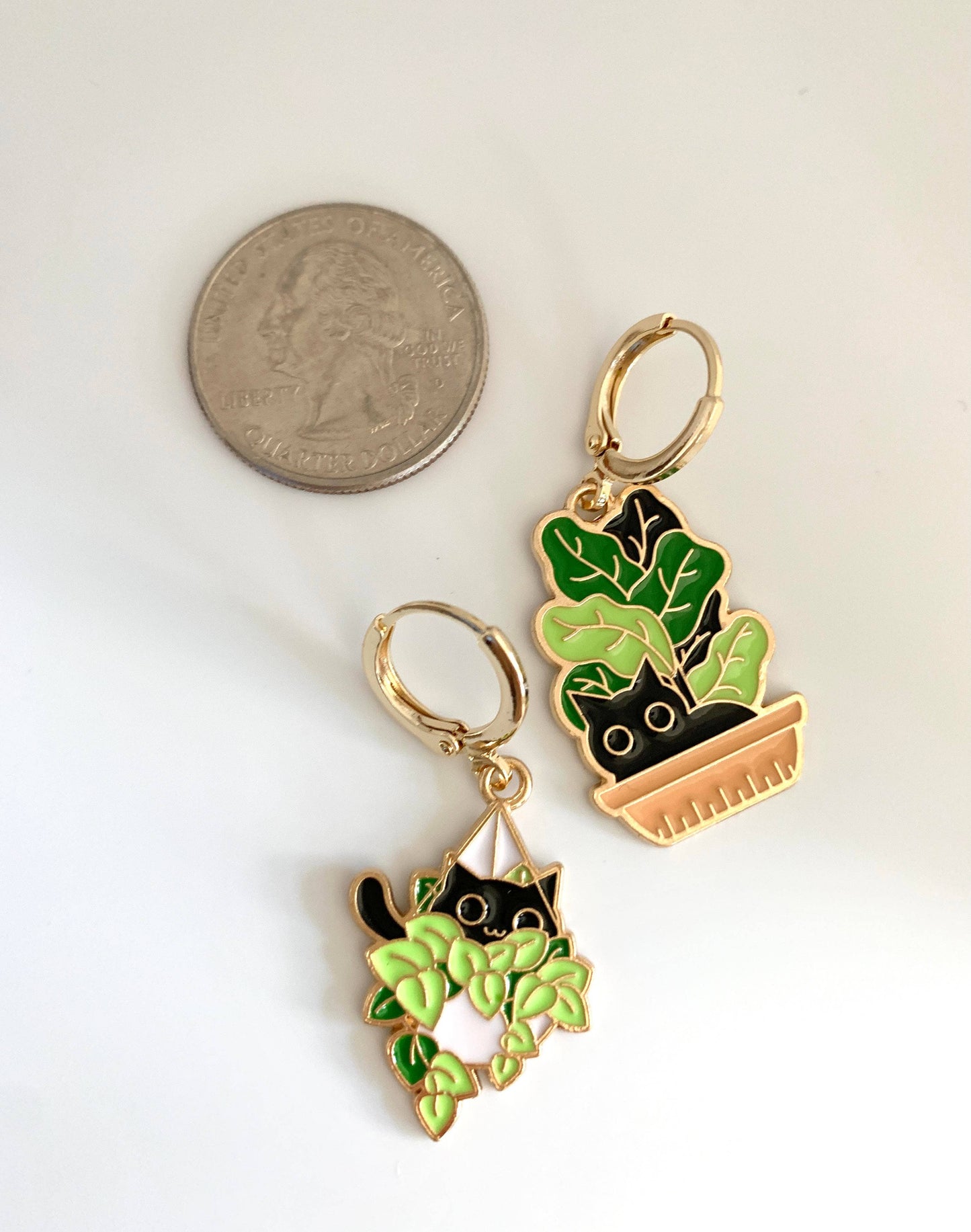 Cat & Plant Charm Huggie Earrings