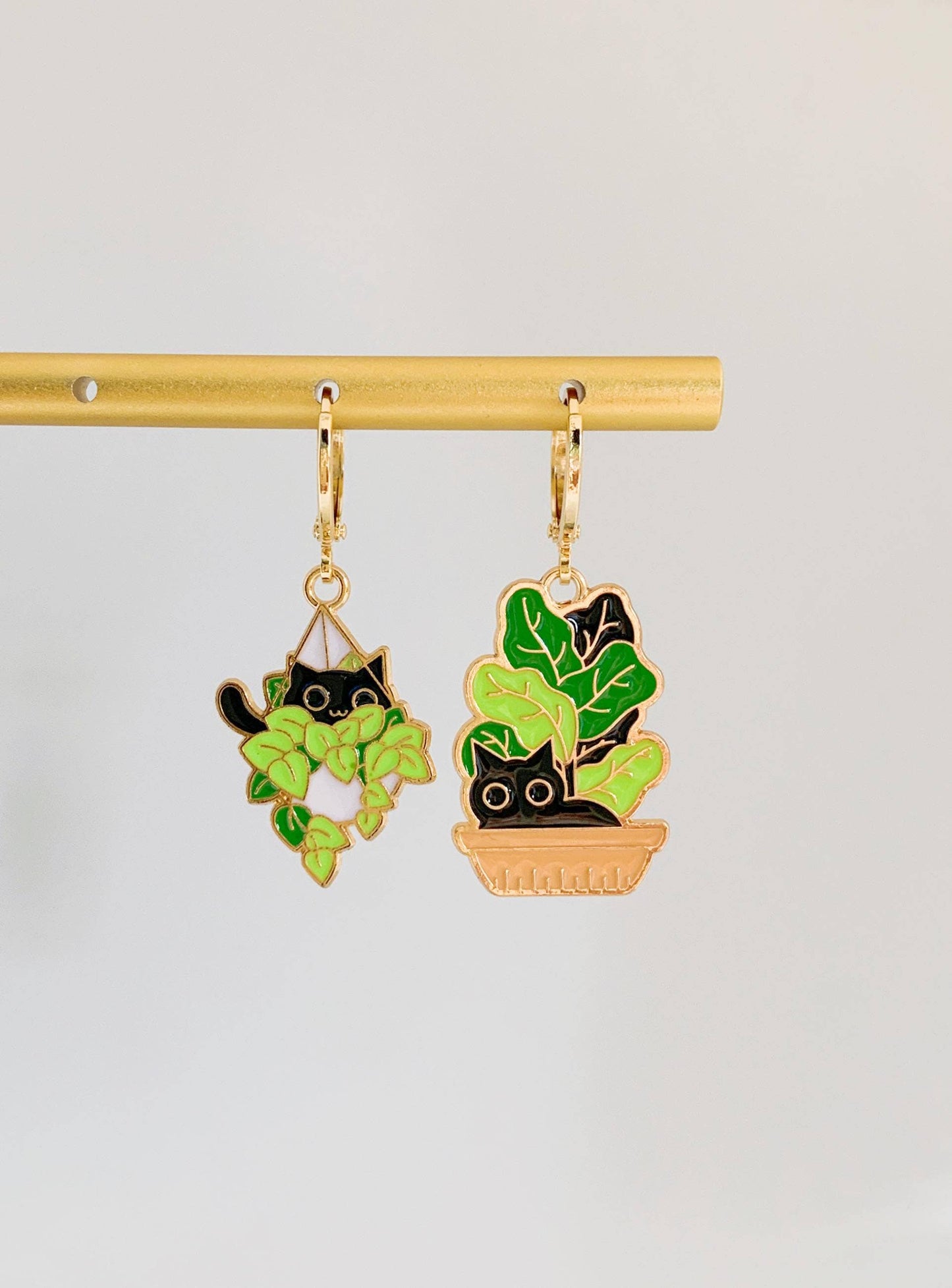 Cat & Plant Charm Huggie Earrings