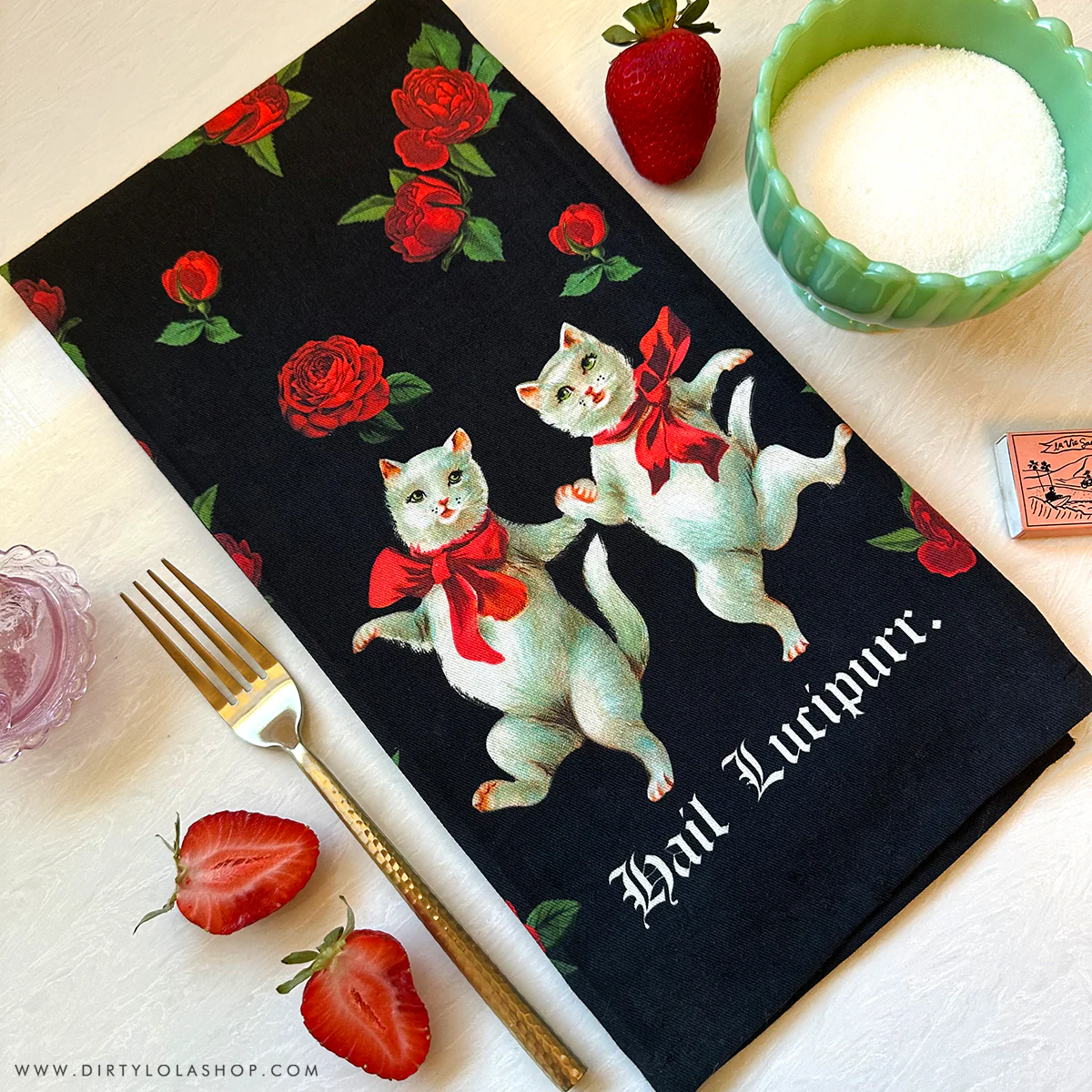 "HAIL LUCIPURR." CAT TEA TOWEL