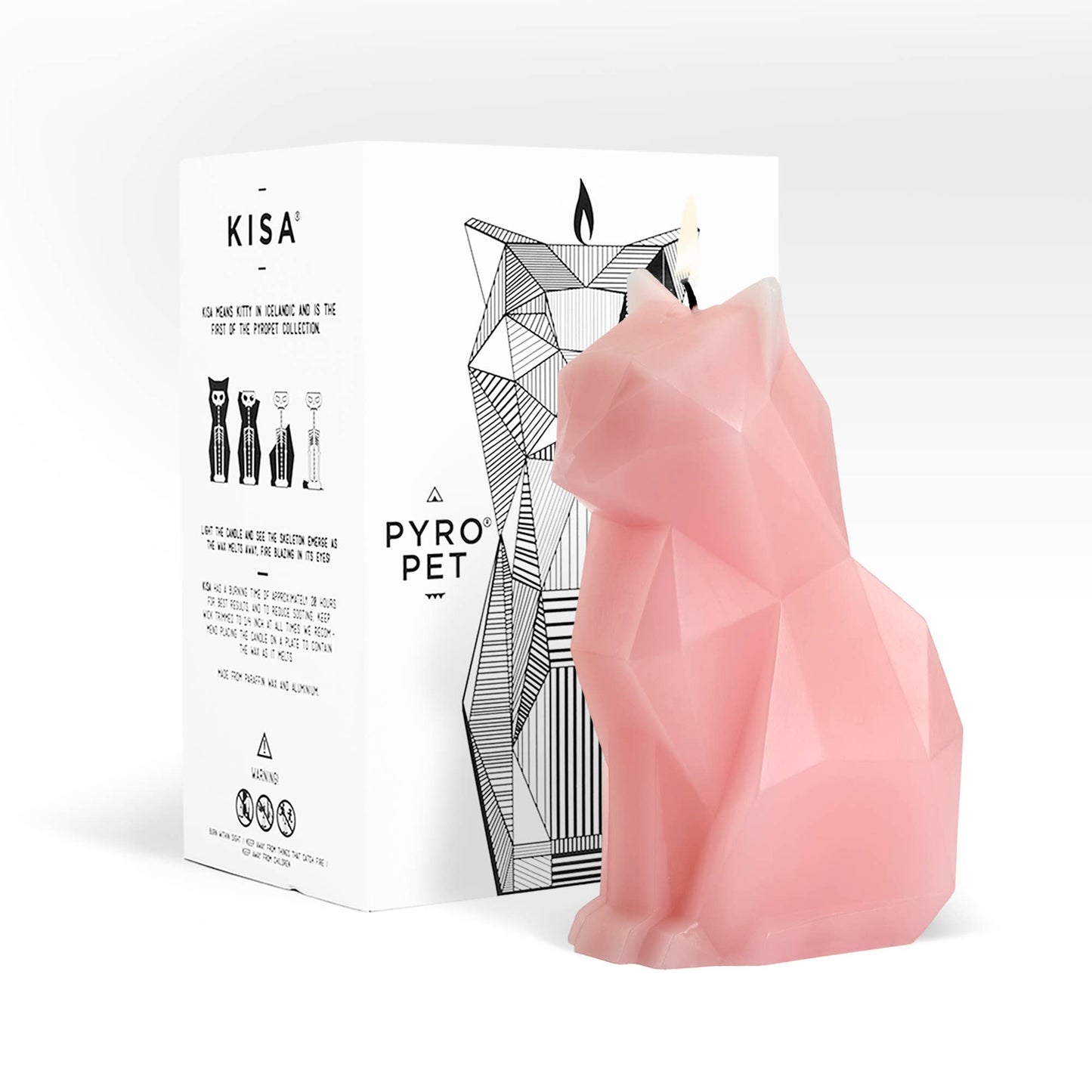 PyroPet Kisa Cat Skeleton Candle - 7" Tall, Light Pink
