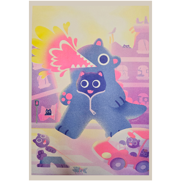 Cartoon cat character in a Godzilla suit with a colorful risograph printed background