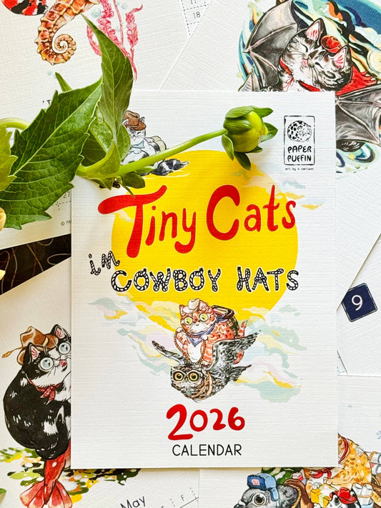 Paper Puffin - 2026 Calendar Tiny Cats in Cowboy Hats 
