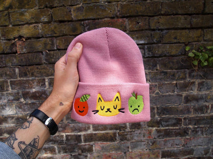 Dusky Pink Cat & Fruit Embroidered Knitted Beanie Hat