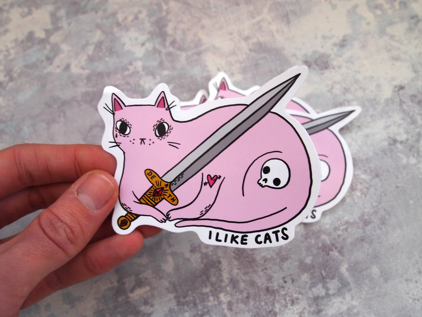 Pink cat with sword illustrated vinyl sticker