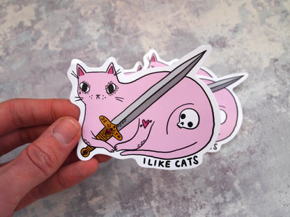Pink cat with sword illustrated vinyl sticker