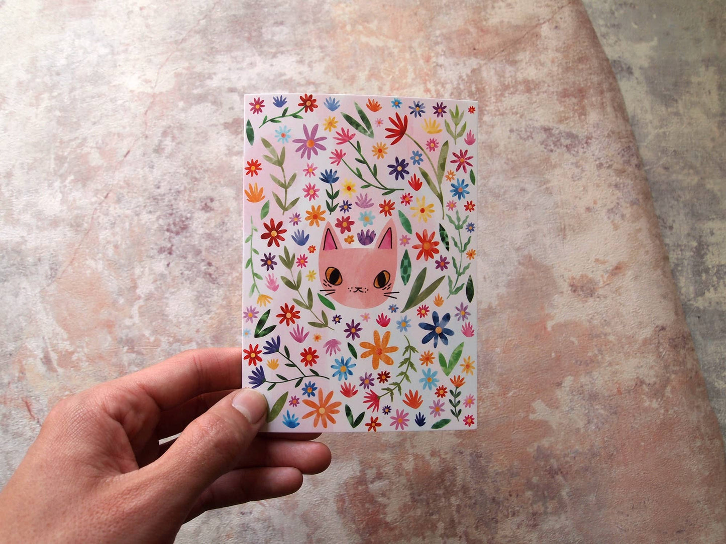 I LIKE CATS - Cat Face and Flowers Birthday Greetings Card