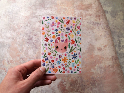 I LIKE CATS - Cat Face and Flowers Birthday Greetings Card