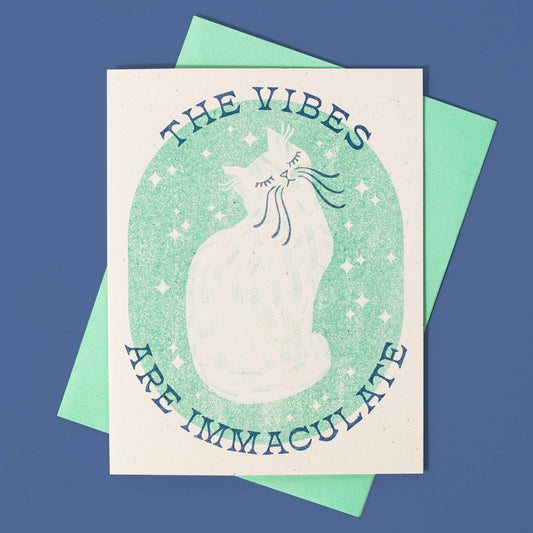 The Vibes Are Immaculate Cat Risograph Greeting Card