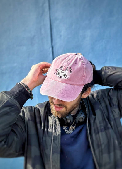 I LIKE CATS - Embroidered cat face pink vintage style baseball cap