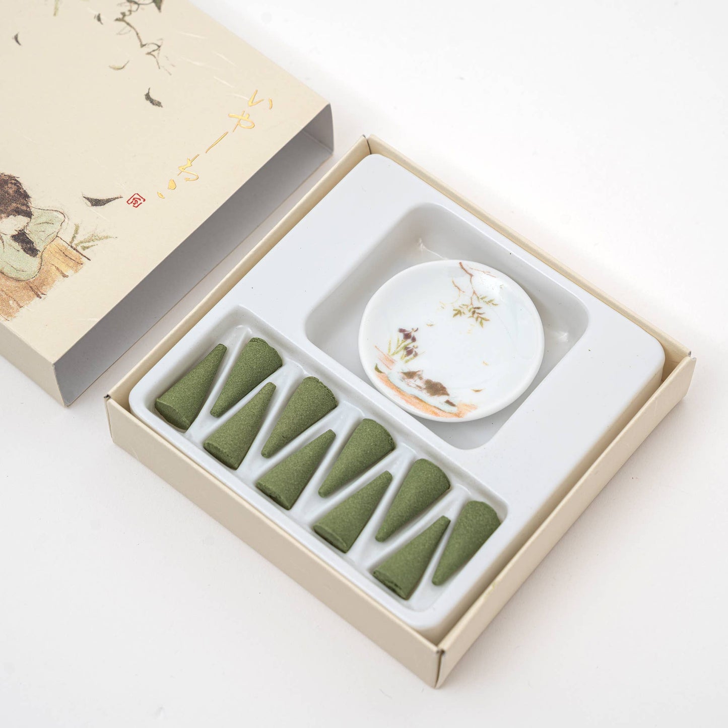Kousaido Iyashi Neko Incense Cone Set With Ceramic Dish