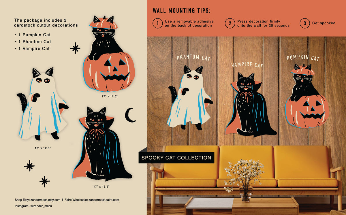 Spooky Cat Set of 3 - Cutout Wall Decorations (17" tall) 