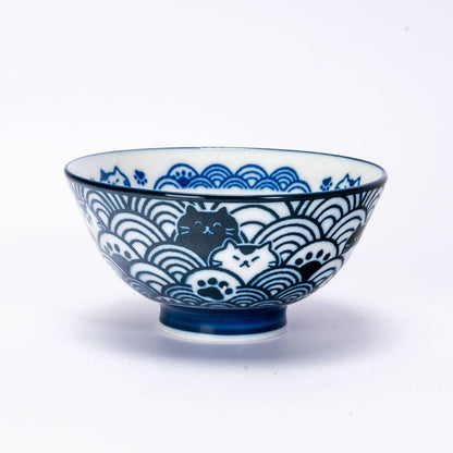 Seikaiha Neko Design 10oz 4.5"Dia x 2.5"H Porcelain Rice Bowl Navy JP (5/90)