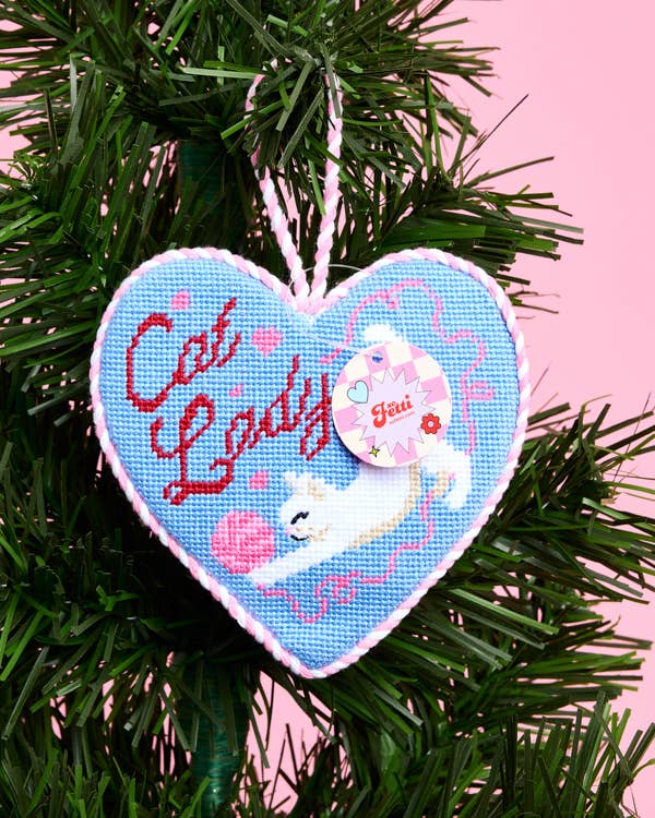 Cat Lady Needlepoint Ornament | christmas, cat, heart