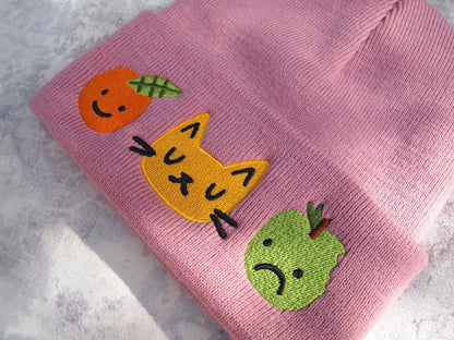 Dusky Pink Cat & Fruit Embroidered Knitted Beanie Hat
