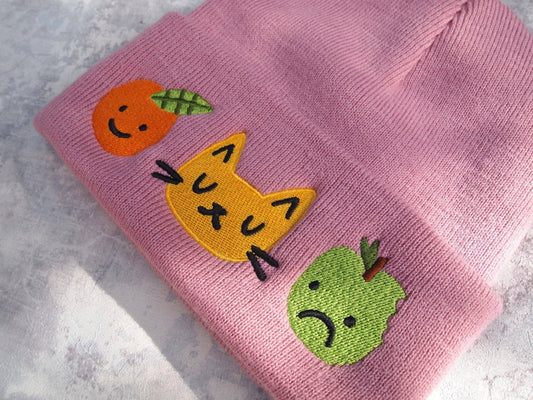 Dusky Pink Cat & Fruit Embroidered Knitted Beanie Hat