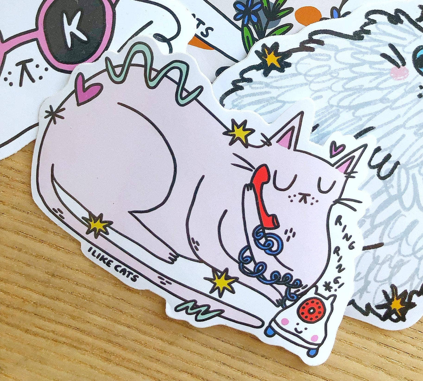 Illustrated Cat With Phone Vinyl Decal Sticker