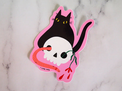 Black cat with skull illustrated vinyl sticker