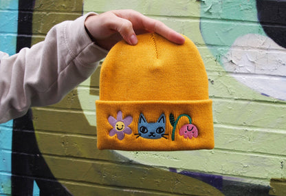 Cat and Flowers Embroidered mustard Knitted Beanie Hat