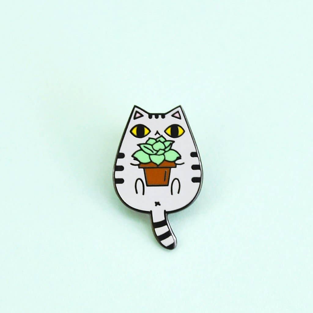 Gray Tabby Cat And Succulent Plant Enamel Pin