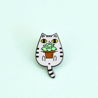 Gray Tabby Cat And Succulent Plant Enamel Pin