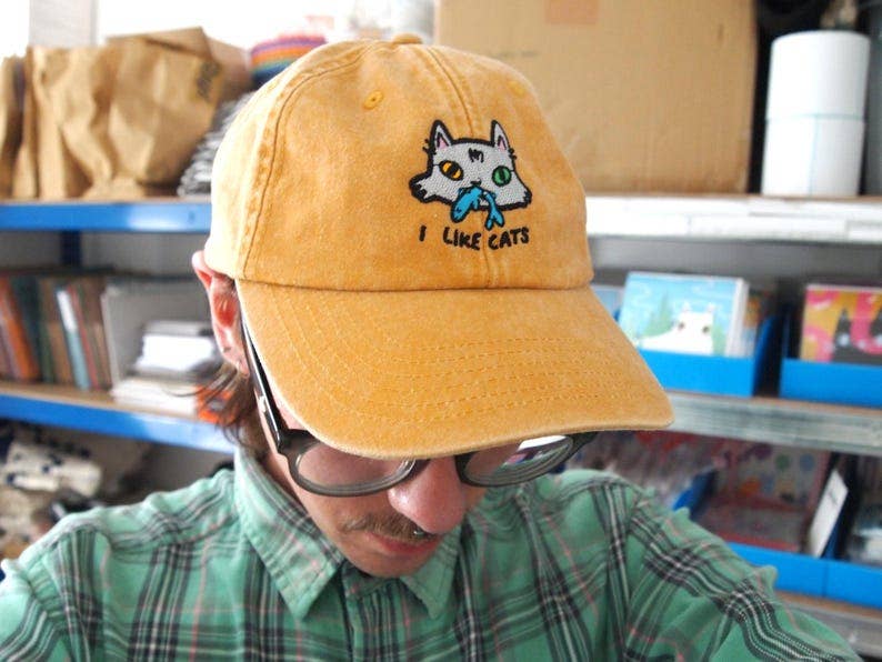 I Like Cats embroidered washed yellow vintage style baseball cap