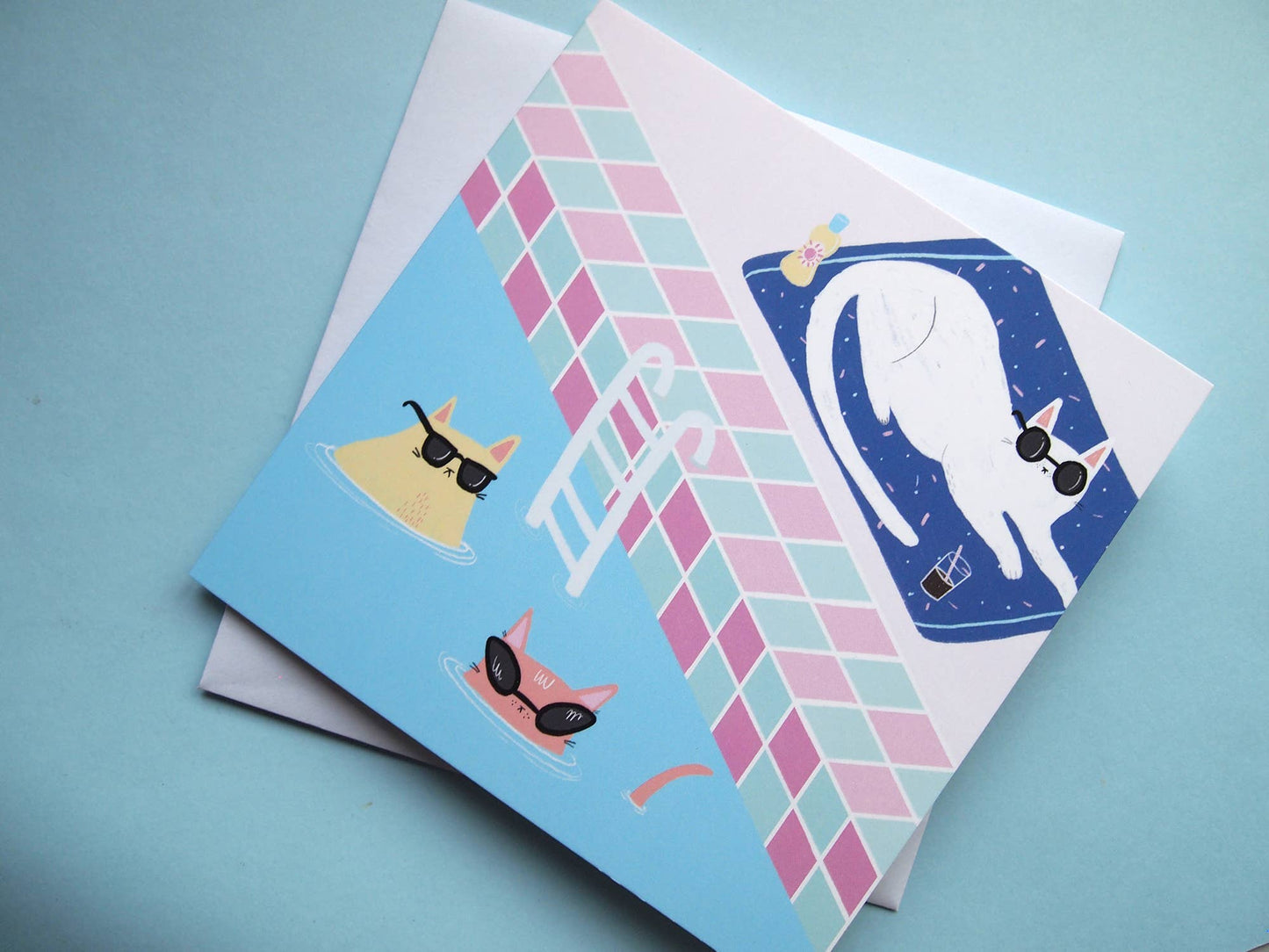 I LIKE CATS - Illustrated card, cats at the swimming pool greetings card