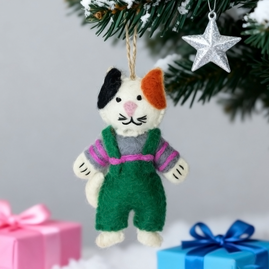 Handmade Wool Felt Cozy Calico Cat Ornament