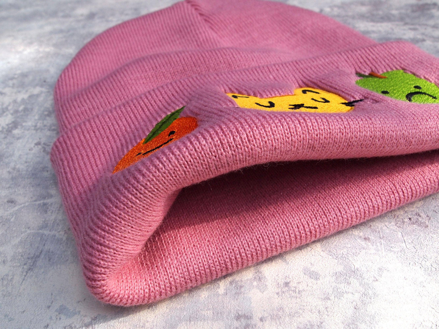 Dusky Pink Cat & Fruit Embroidered Knitted Beanie Hat