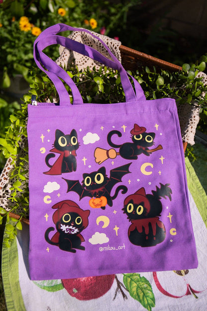 MikouArt - Vampire Cats Cotton Tote Bag | Inner Pocket + Zipper | 100% Cotton | Gift for Cat Lovers | Handmade, Durable and Functional