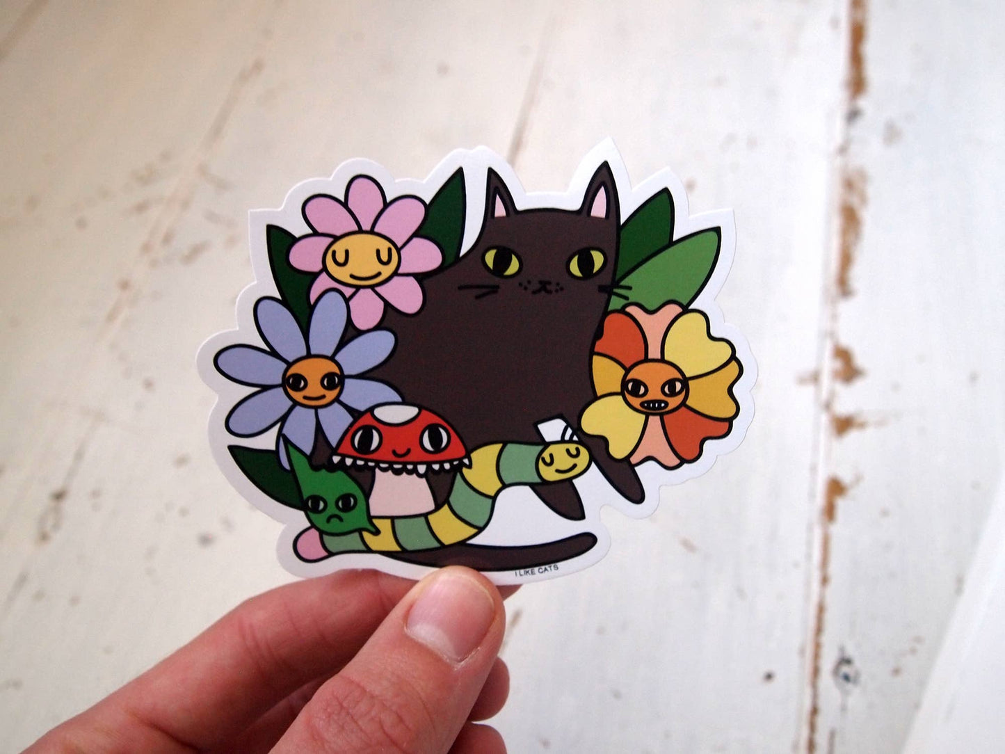 Black cat with flowers, bugs and mushroom vinyl sticker